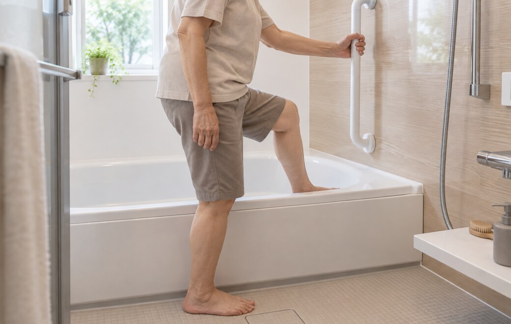 手すりを使って浴槽をまたぐ様子