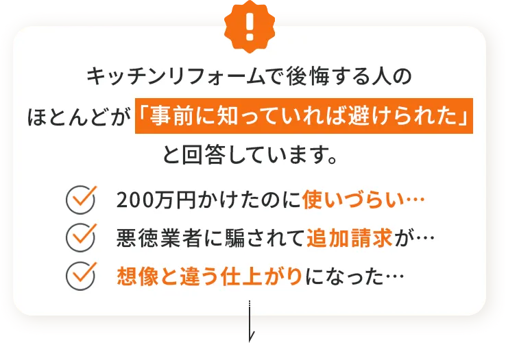 キッチンリフォームで後悔する人のほとんどが「事前に知っていれば避けられた」と回答しています。